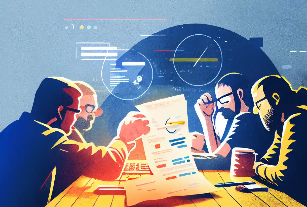 Four people gathered around a table, reviewing a detailed document, likely a software test report, with diagrams and data displayed.